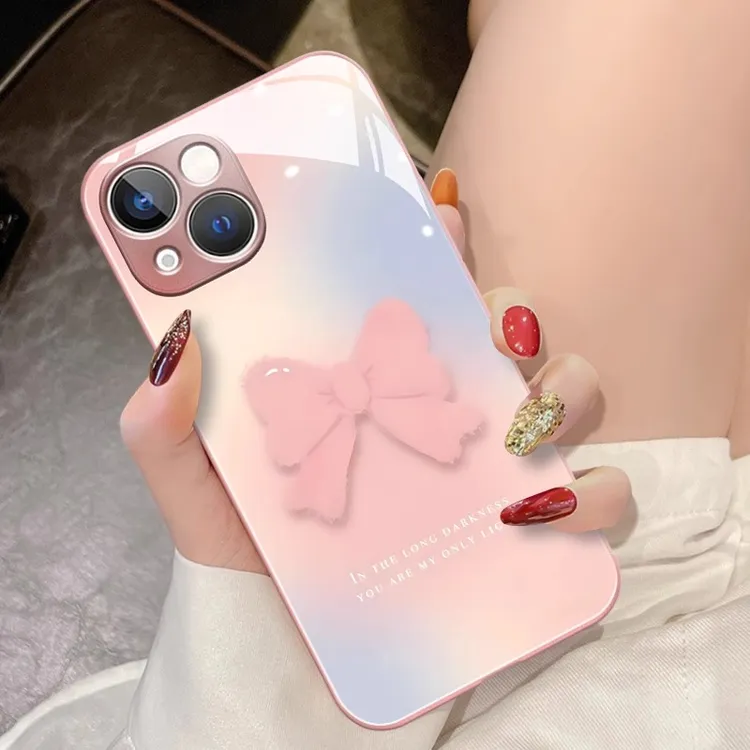适用苹果15手机壳渐变粉蝴蝶结iphone14promax女13新款12液态玻璃