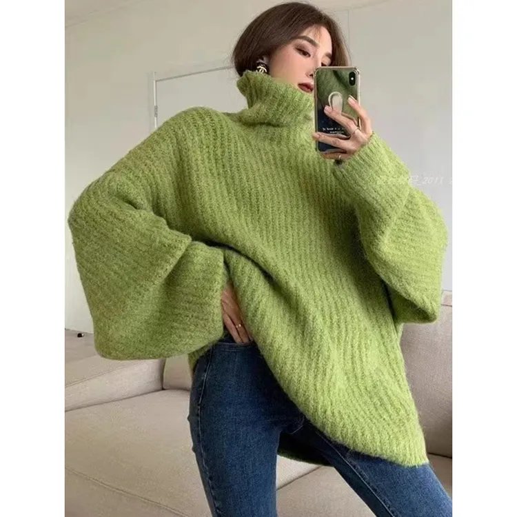 大板加厚高级感慵懒风高领毛衣女2023年秋冬新款宽松中长款针织衫