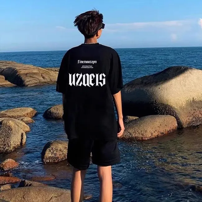 100%纯棉短袖体恤衫欧货大版上衣T恤夏季ins风字母印花hiphop男装