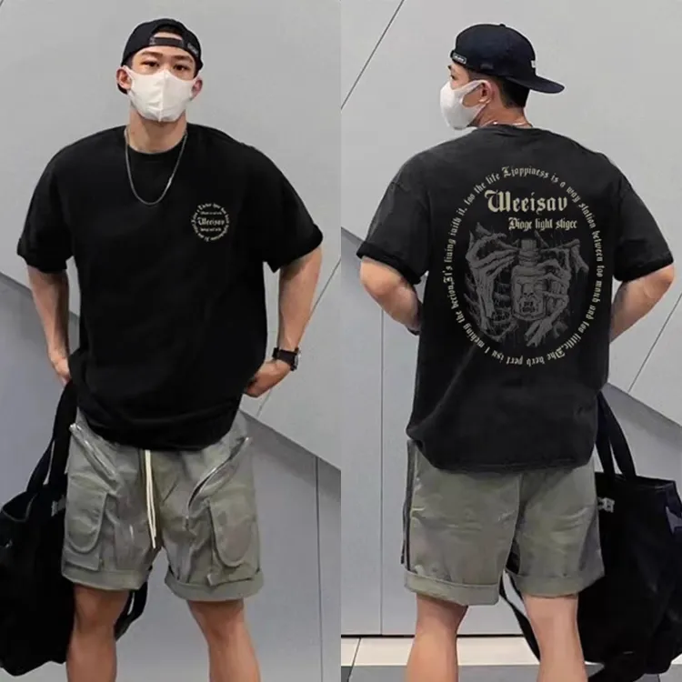 100%重磅纯棉大码宽松短袖T恤男生夏季ins潮牌美式高街半袖上衣服