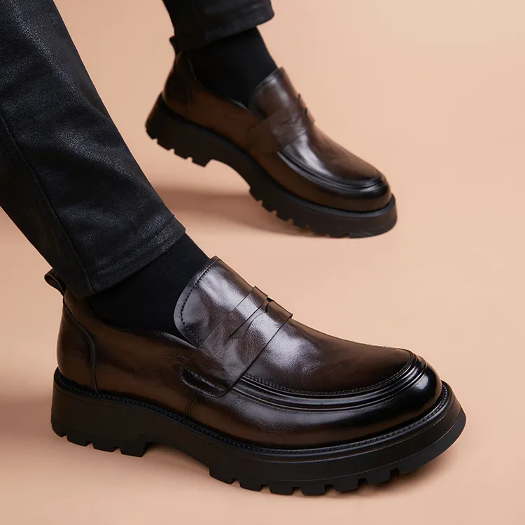 皮鞋男一脚蹬厚底真皮潮男商务高档痞帅高级感懒人鞋软皮套脚英伦