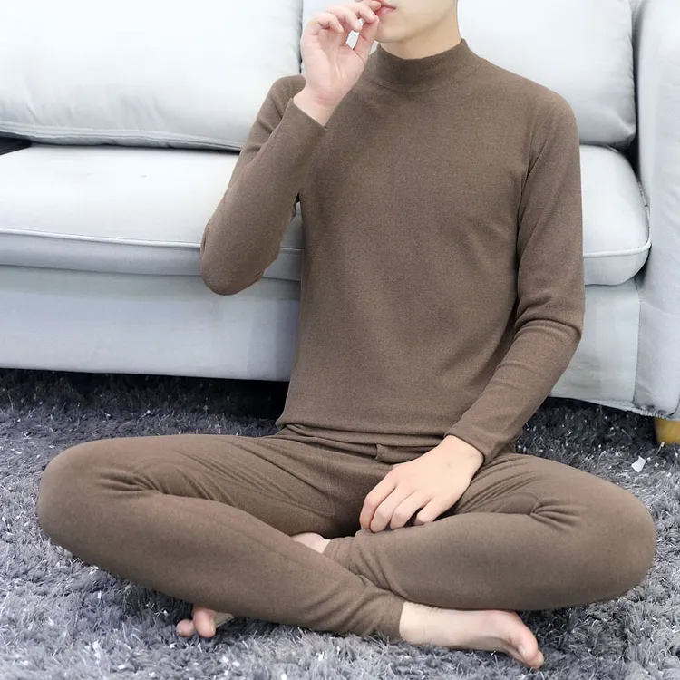冬季保暖内衣男半高领薄绒无痕线衣线裤中领双面磨毛秋衣秋裤套装