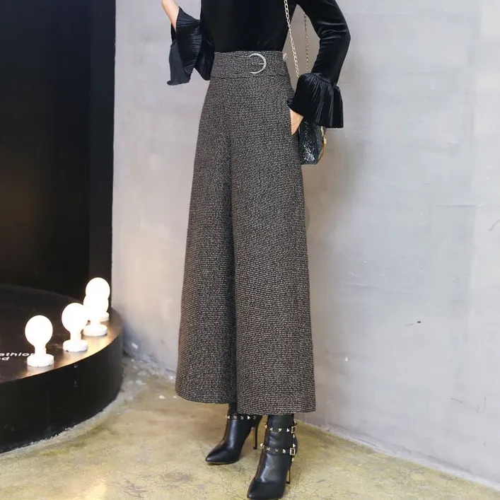 2025秋冬新款毛呢阔腿裤女高腰长裤子加厚九分直筒甩裤大脚宽裙裤