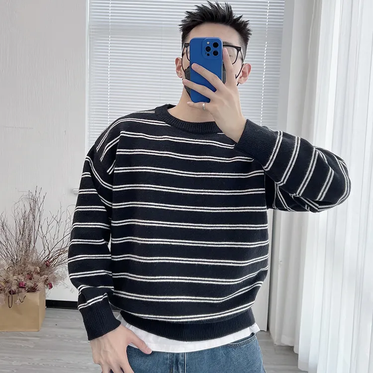 条纹毛衣男秋冬宽松慵懒风高级感男士休闲百搭情侣款针织衫内搭潮