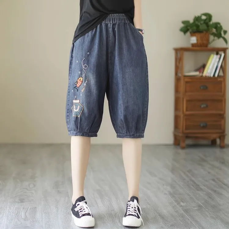 2025夏季松紧牛仔裤女复古绣花薄款宽松显瘦休闲文艺哈伦裤六分裤