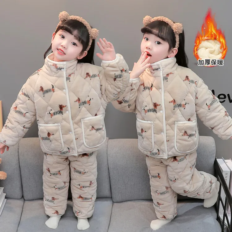 女童三层夹棉睡衣冬季珊瑚绒男孩女宝宝加厚冬款儿童法兰绒家居服