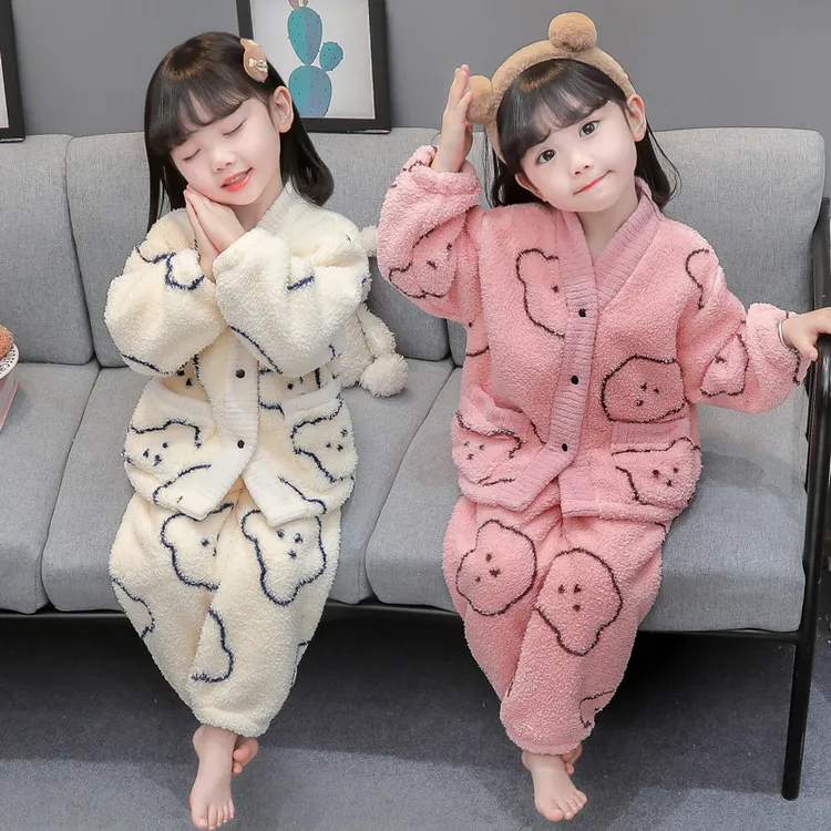 儿童睡衣秋冬季女孩卡通套装女童加绒法兰绒宝宝公主珊瑚绒家居服