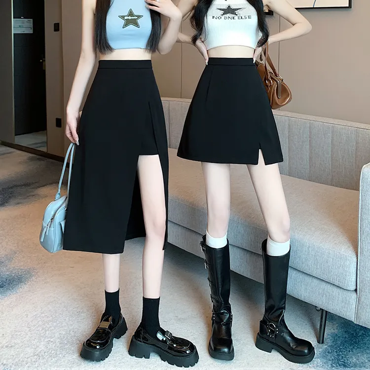 不规则开叉黑色半身裙女夏季中长款A字裙2025安全裤高腰大码裙子