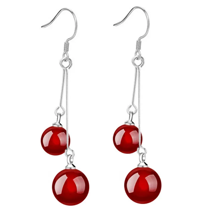 2023个性气质时尚女红黑色马瑙吊坠防过敏长款耳坠新年结婚耳饰