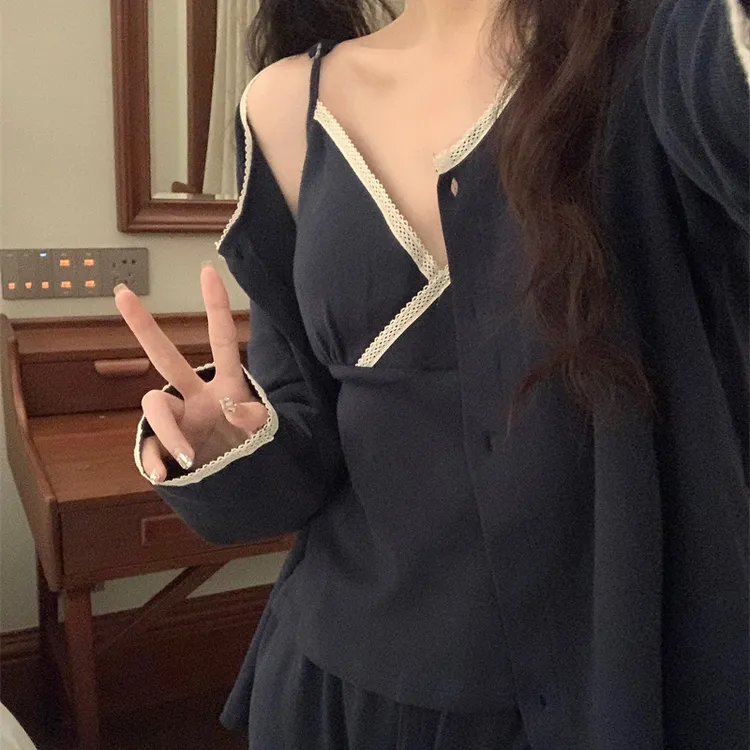 秋冬新品高级感纯欲云朵绒睡衣女开衫带胸垫三件套可外传家居服