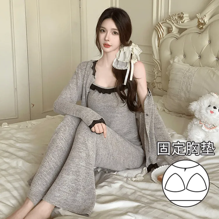 秋冬季新款长袖睡衣女带胸垫甜美性感蕾丝花边吊带三件套家居服