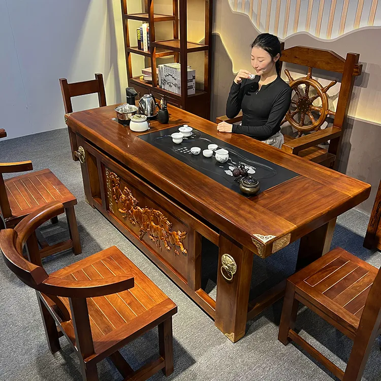 实木茶桌椅组合中式客厅一桌五椅茶几老船木一体办公泡茶台整套装