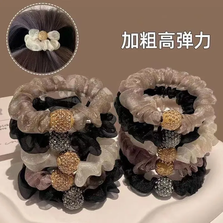 气质百搭水钻头绳女秋冬扎头花发绳高弹力橡皮筋加粗感网纱套发圈