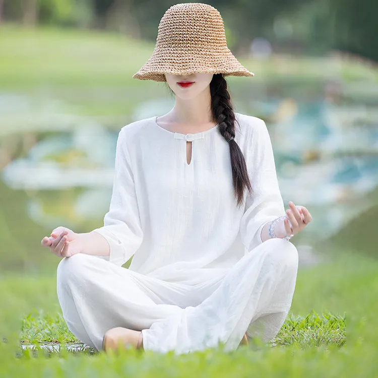 佛系素衣棉麻禅修服居士服套装女太极服打坐练功服夏养生服茶艺服