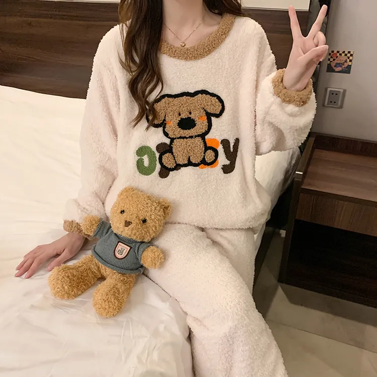 网红加绒半边绒睡衣冬天女款秋冬季加厚珊瑚绒保暖甜美居家服套装