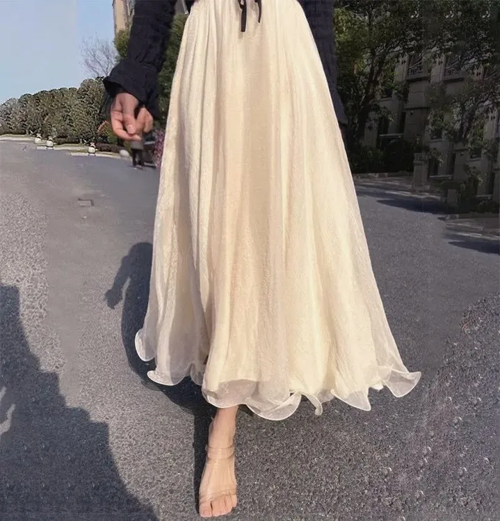 新款8米大摆仙女波浪边网纱显瘦闪闪气质长裙金丝雪纺半身裙长款