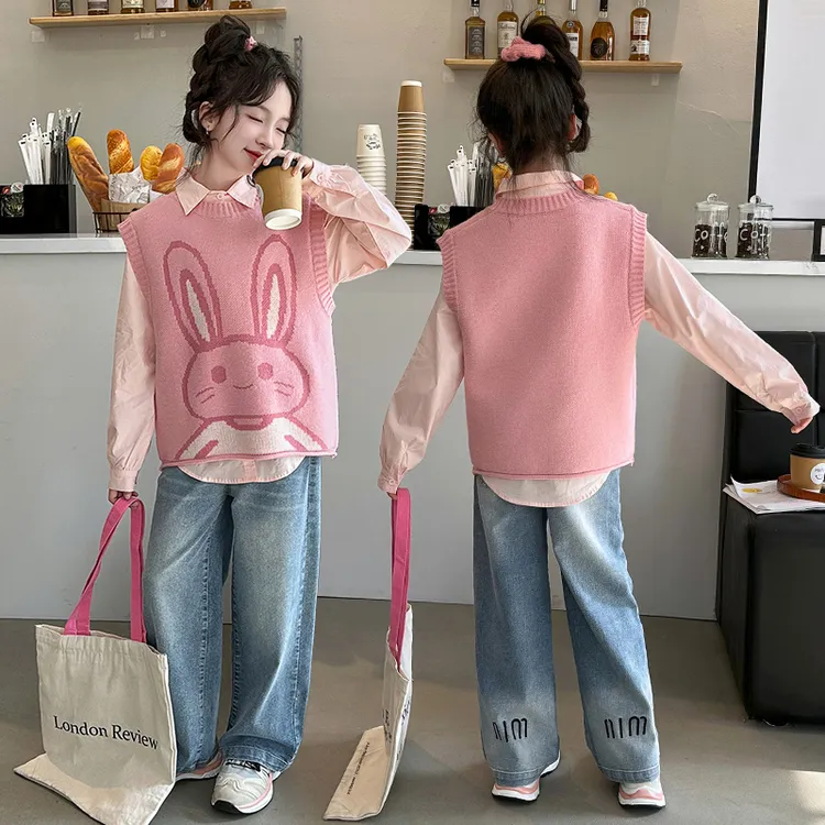 2025新款女童洋气时尚春装外穿针织衫马甲衬衣衬衫中大童牛仔裤潮