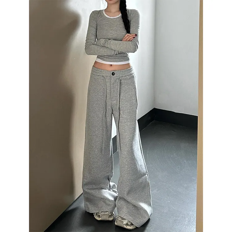 美式灰色休闲裤女秋冬新款高腰小个子宽松直筒阔腿裤设计感运动裤