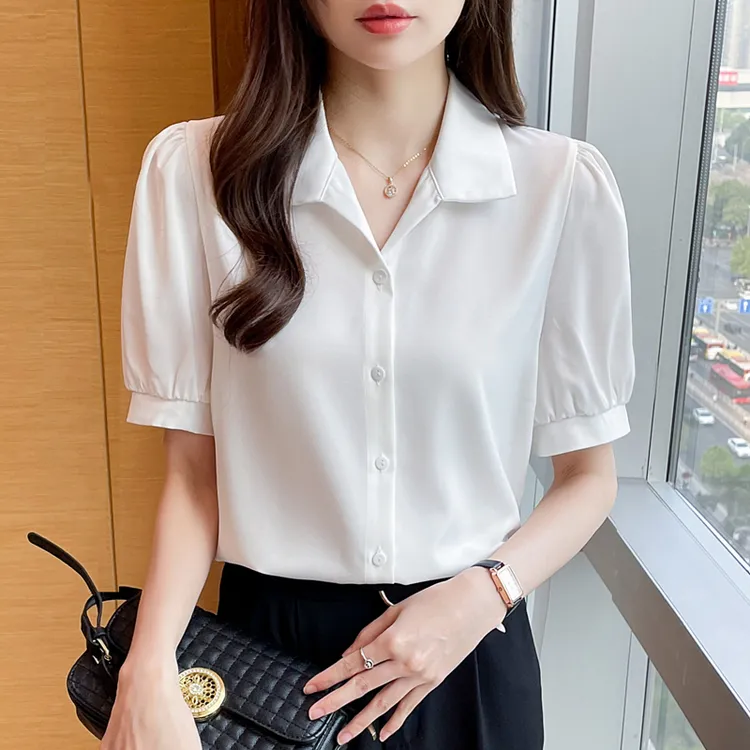白色短袖衬衫女2025夏季爆款职业气质设计感小众缎面垂感衬衣上衣