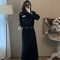 【两件套】黑色洋气显瘦时尚长袖裙子秋季高腰气质复古套装裙女2209