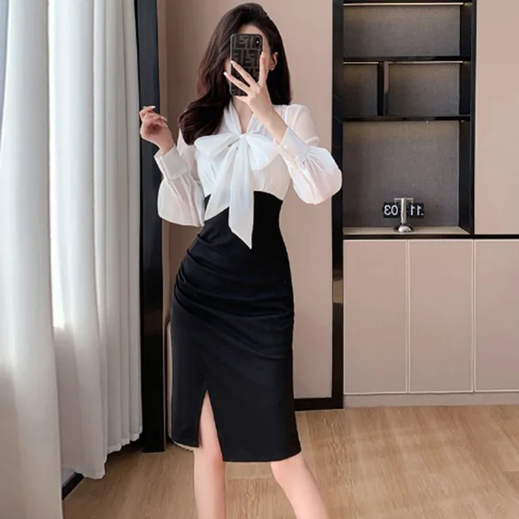 【白色】女装法式时尚气质修身连衣裙褶皱显瘦包臀蝴蝶结裙子A8110