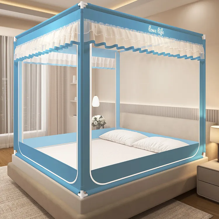 夏季高级坐床蚊帐卧室家用婴儿童防摔蚊帐全封闭三开门U型拉链式