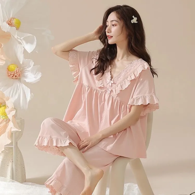 睡衣女款夏季纯棉网红短袖七分裤薄款夏天新款宫廷风夏款家居服