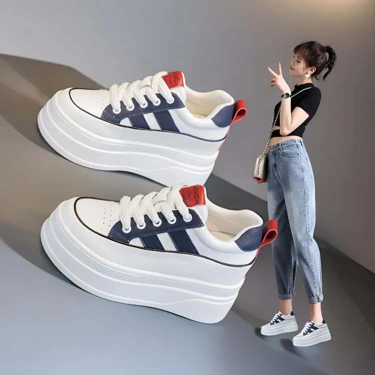 内增高9cm高跟真皮小白鞋女ins韩版百搭厚底松糕板鞋2025秋季爆款