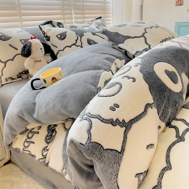 冬季加厚雪花绒四件套被套家用牛奶绒床上用品双面毛绒被罩三件套