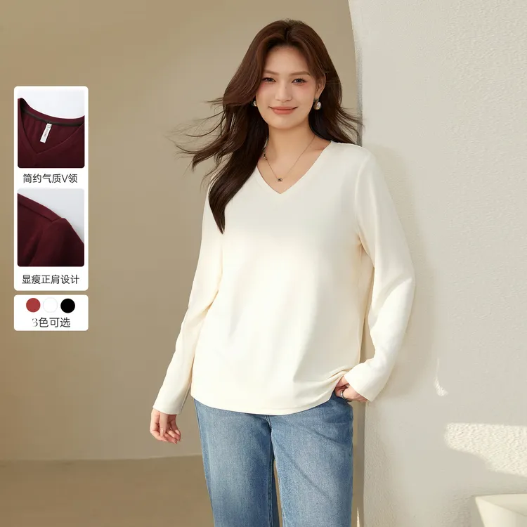 【温柔气质无束缚T恤】纤莉秀秋装新款大码女装百搭V领QJ4427