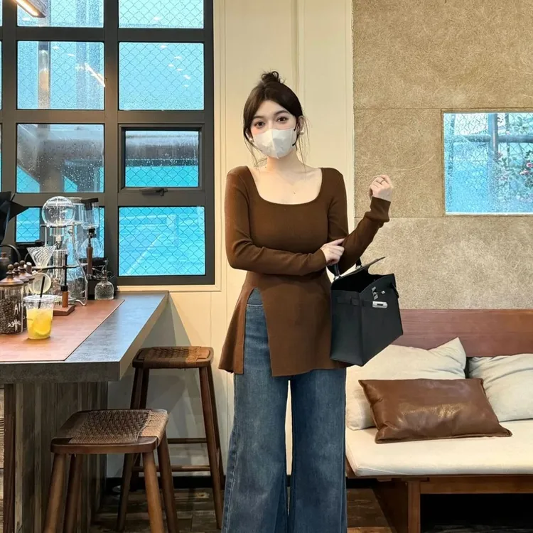 棉大码纯欲风开叉方领长袖t恤女装秋季新款显瘦洋气打底衫上衣ins