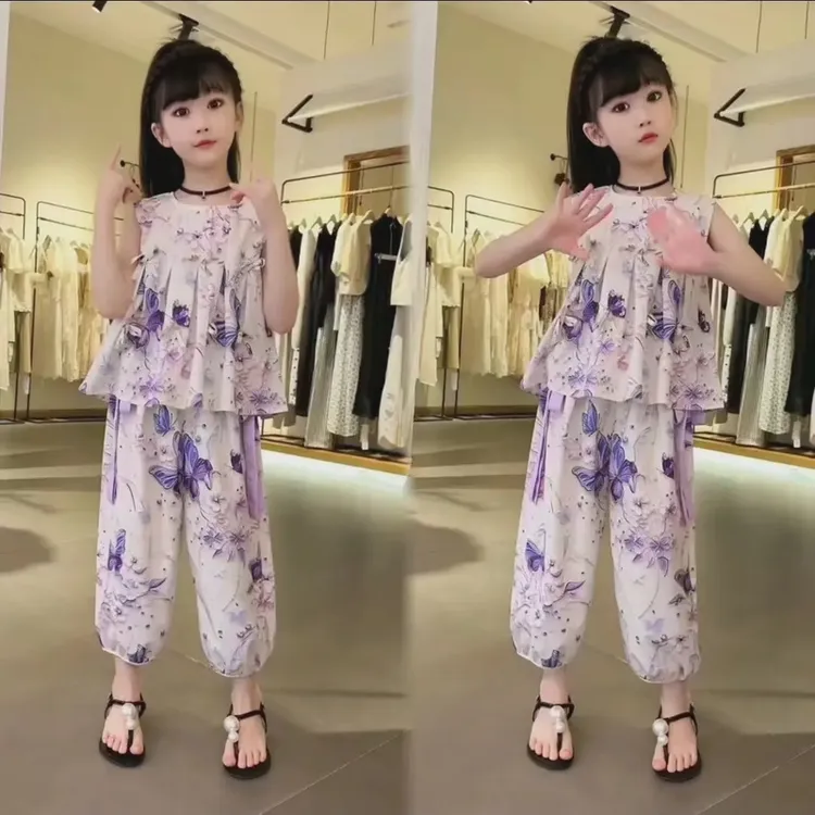女童夏季网红无袖三件套2025新款儿童洋气时尚碎花背心防蚊裤套装
