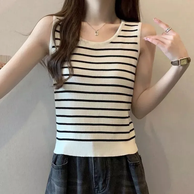 大码条纹吊带背心女内春夏2024新款宽松遮肚显针织打底无袖上衣