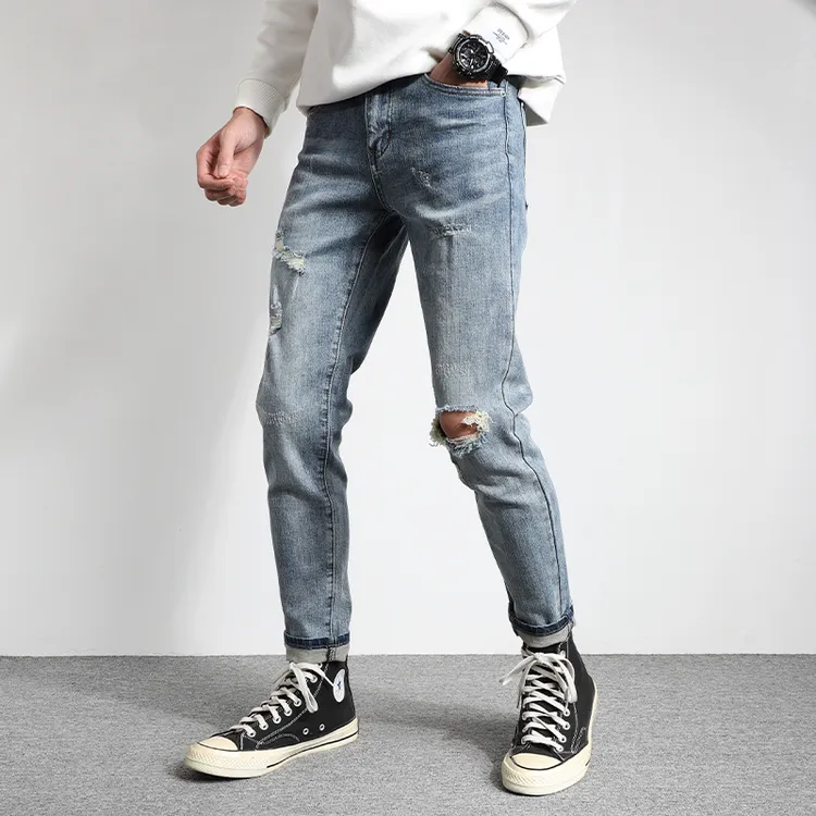 2024新款高街美式乞丐长裤破洞牛仔裤男修身小脚时尚百搭流行帅气