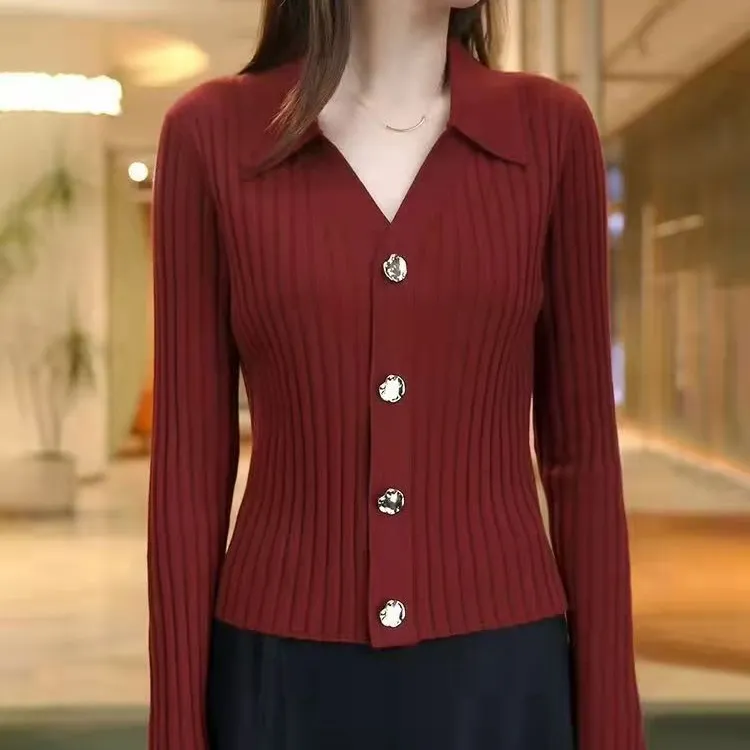 POLO领精致扣纯色长袖针织衫上衣女春秋新款百搭减龄修身显瘦开衫