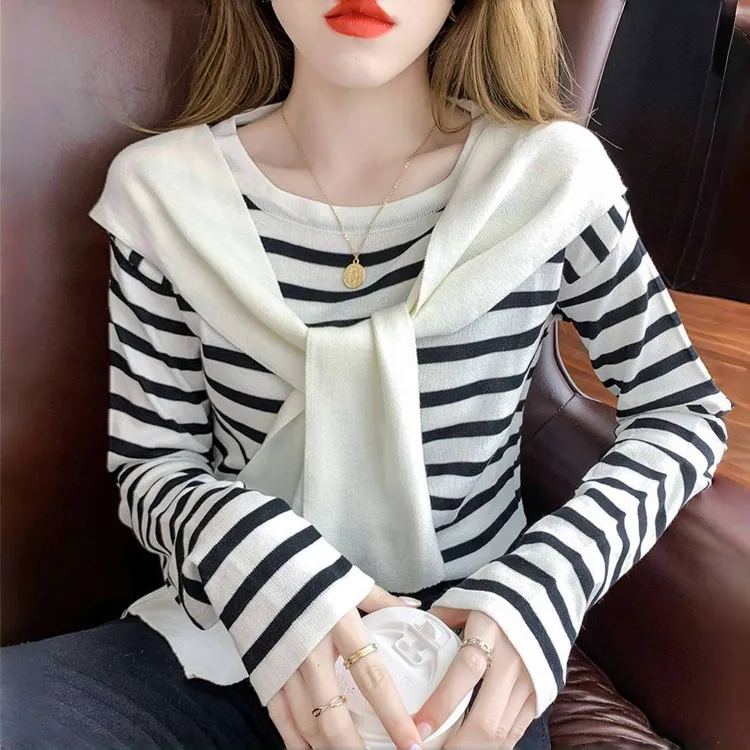 2025秋季新款假两件披肩条纹针织打底衫套头内搭宽松显瘦百搭上衣