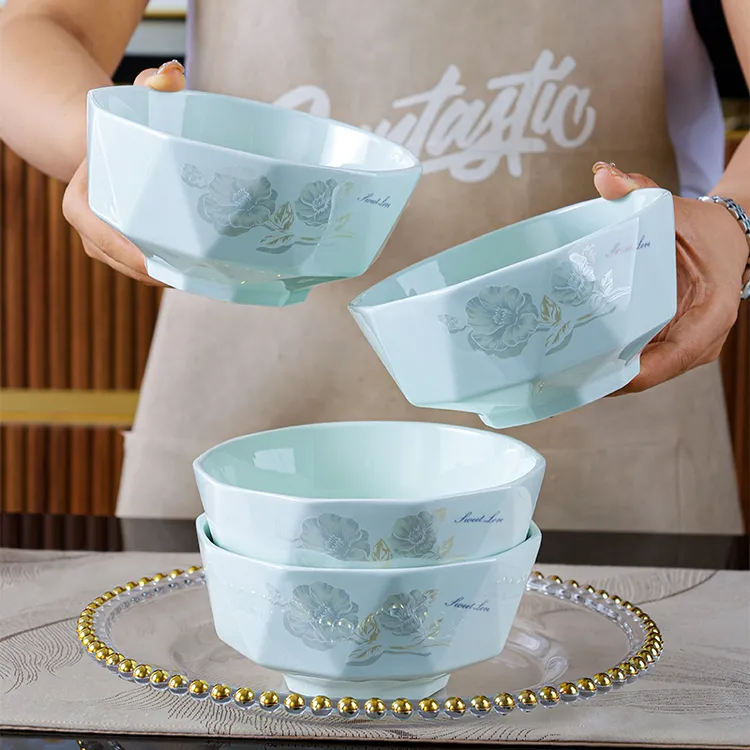 句途影青甜蜜蜜4个6英寸面碗加厚防烫牡丹花吃饭碗家用陶瓷餐具