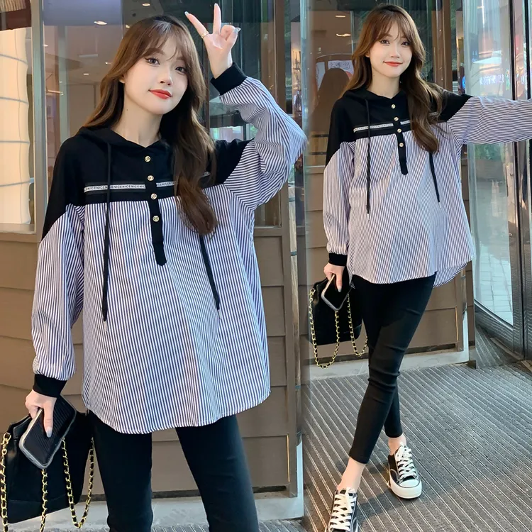 大码孕妇气质减龄连衣裙韩版宽松拼接连帽上衣百搭遮肚衬衣200斤