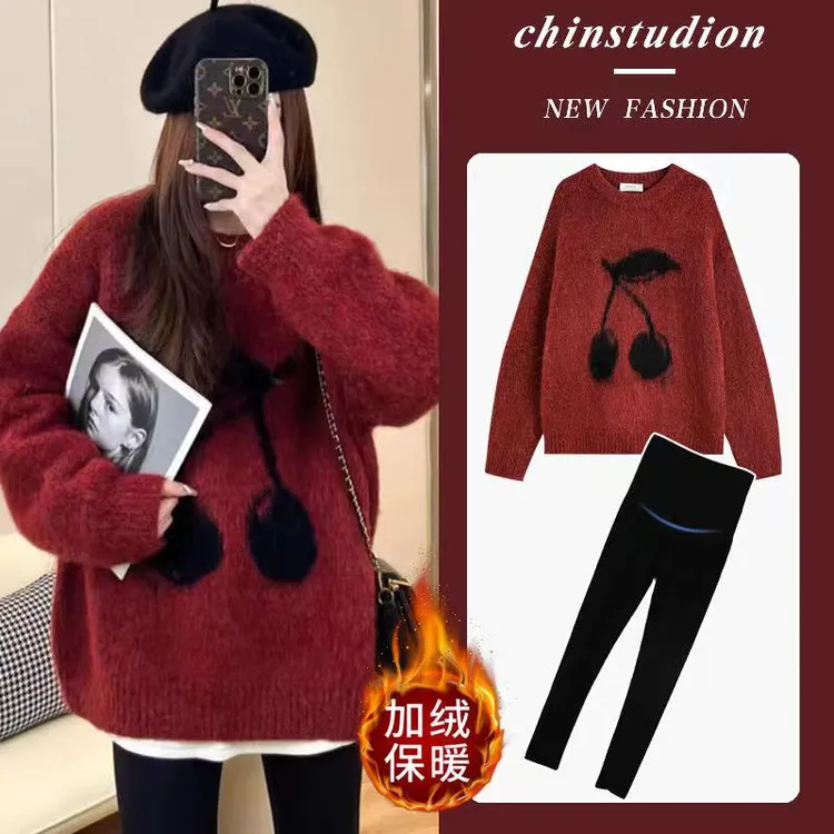 大码孕妇时尚毛衣冬装韩版外穿过年红色马海毛针织遮肚上衣200斤