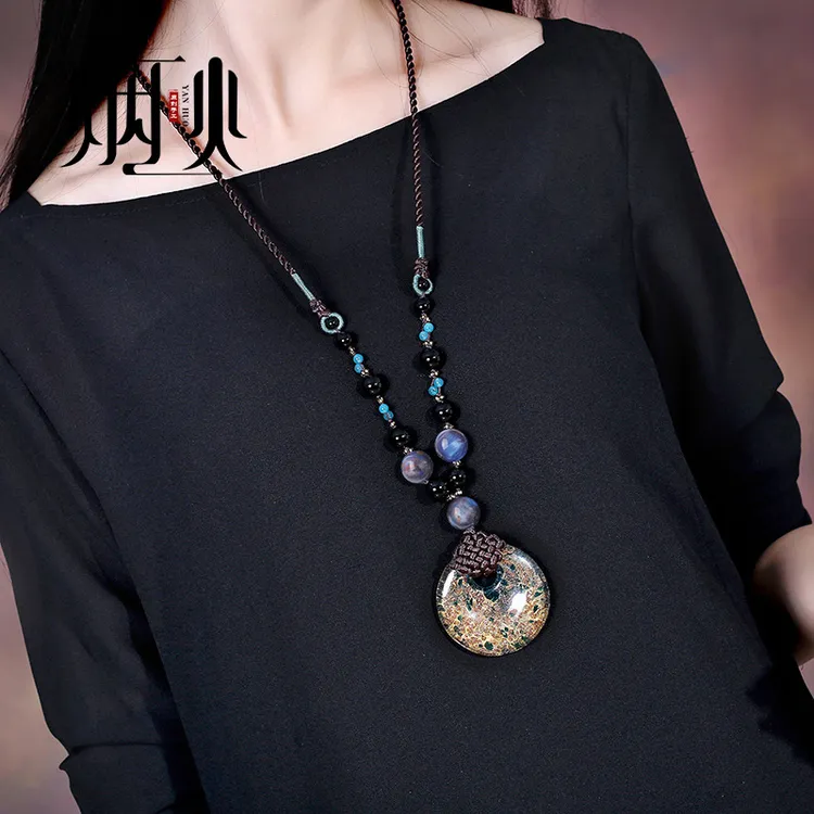 非金属布艺项链 国风毛衣链古风长款吊坠新中式复古小众设计挂饰