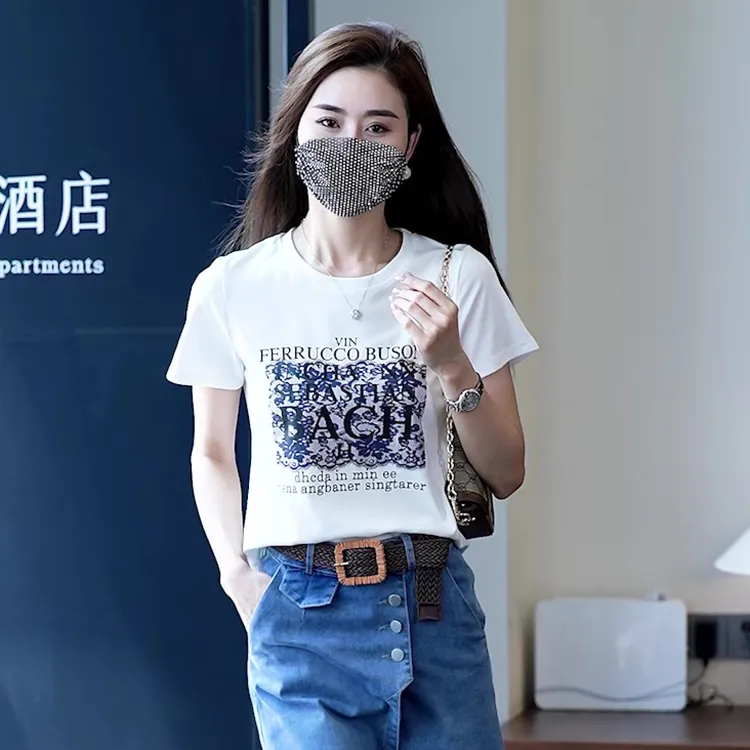显瘦春夏时尚白色夏季圆领t恤t恤修身印花女装宽松休闲百搭薄款