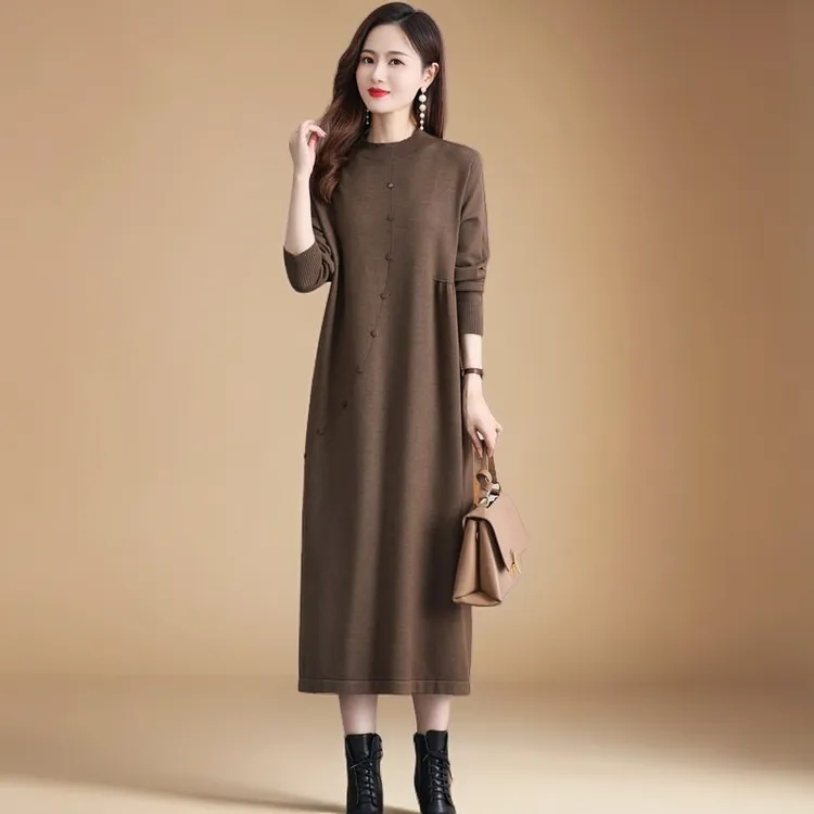 新款春秋针织洋气妈妈大码过膝长款打底裙气质长袖优雅宽松连衣裙