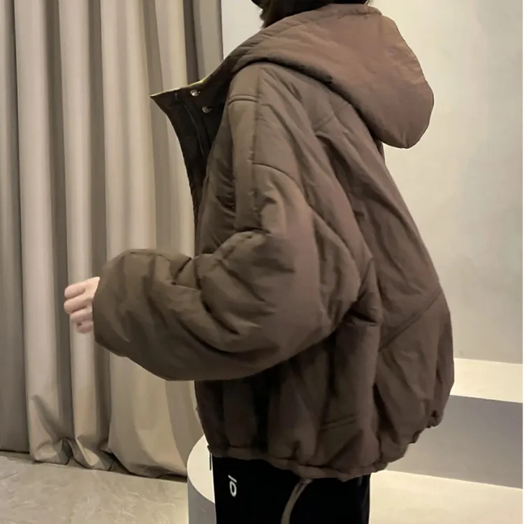 欧货设计感撞色棉衣女2024冬季新款爆款宽松百搭抽绳连帽棉服外套
