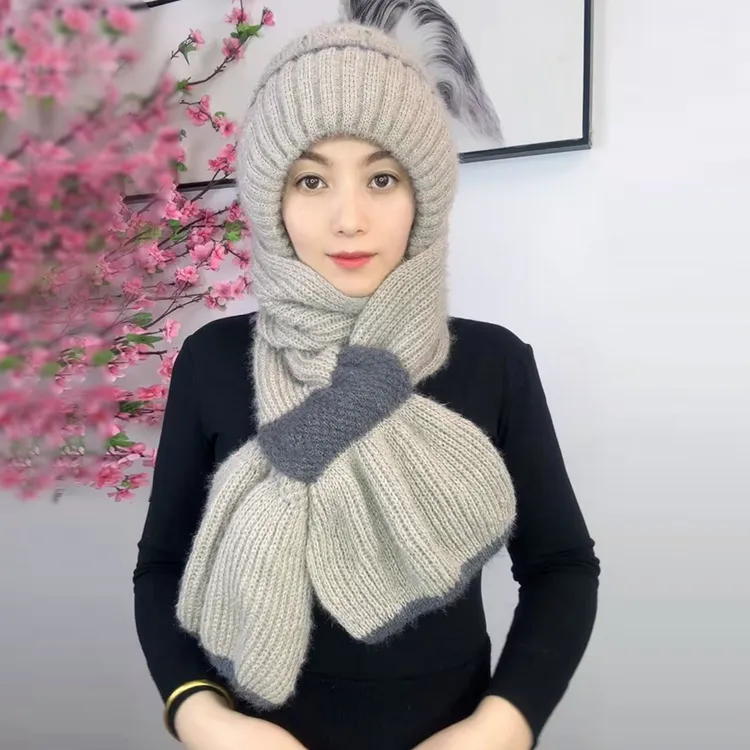 帽子秋冬季保暖女毛线帽加绒加厚帽子围巾一体编织风雪帽针织防寒