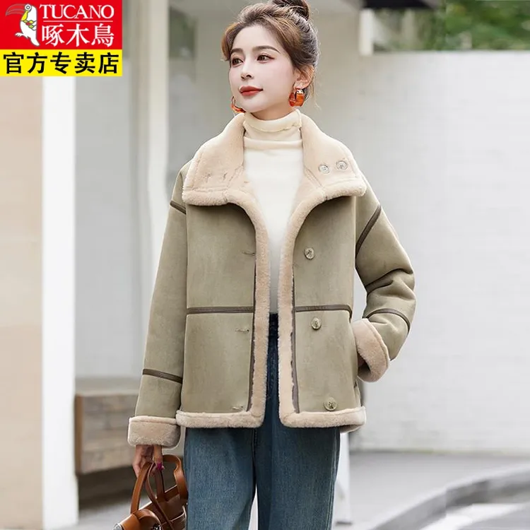啄木鸟皮毛一体外套女冬款休闲韩系宽松仿鹿皮绒羊羔毛加绒加厚短
