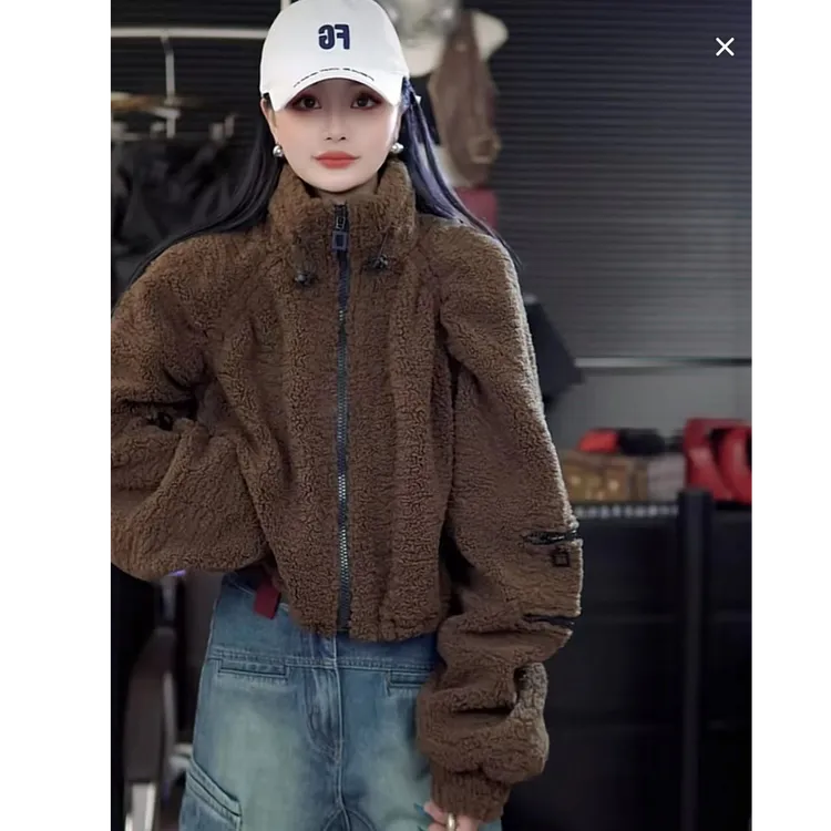 极简风设计/潮牌美式/秋冬新款休闲加绒羊羔外套宽松休闲夹克女