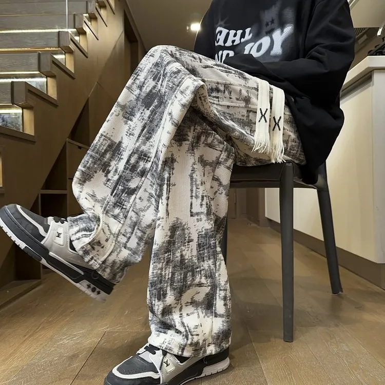 白色扎染裤子男款春秋美式高街hiphop运动直筒裤阔腿宽松休闲长裤