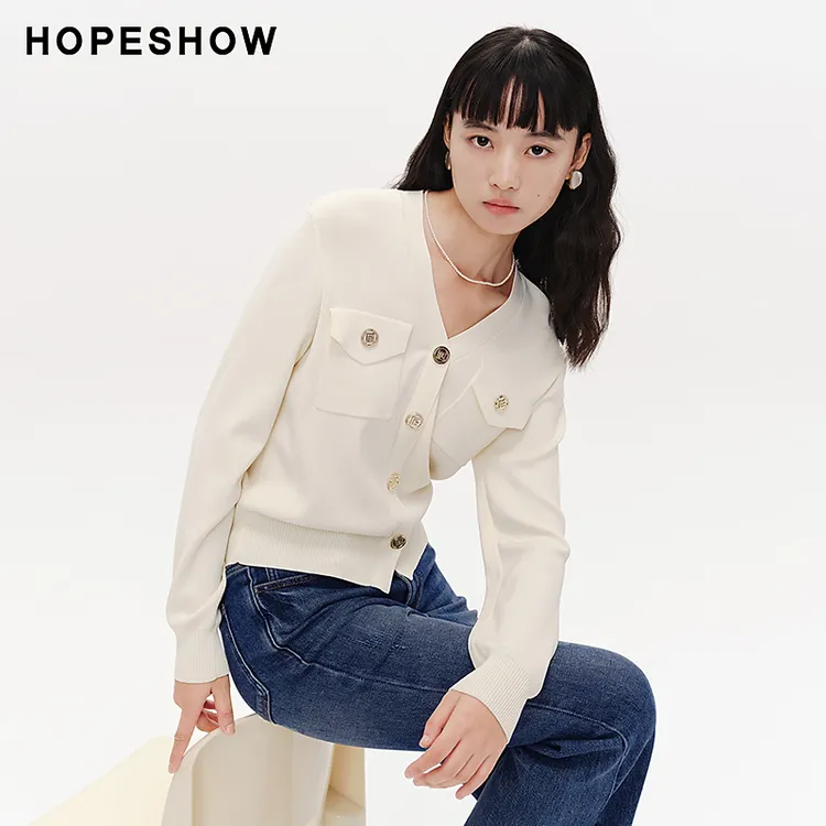 红袖秋季新款女装 香风金属扣装饰V领套头针织衫89124050139