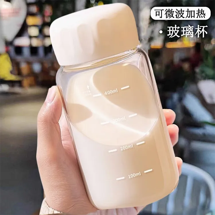 加大带盖胖胖杯耐高温玻璃杯便携外带小水杯子泡奶豆浆刻度摇摇杯