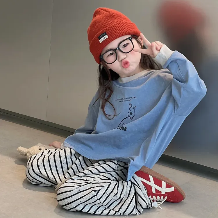 【现货】萌娃穿搭壹妈韩版童装女童套装秋装洋气卡通印花上衣条纹裤